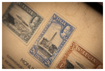 Detail of stamps commemorating the capture of St Lucia